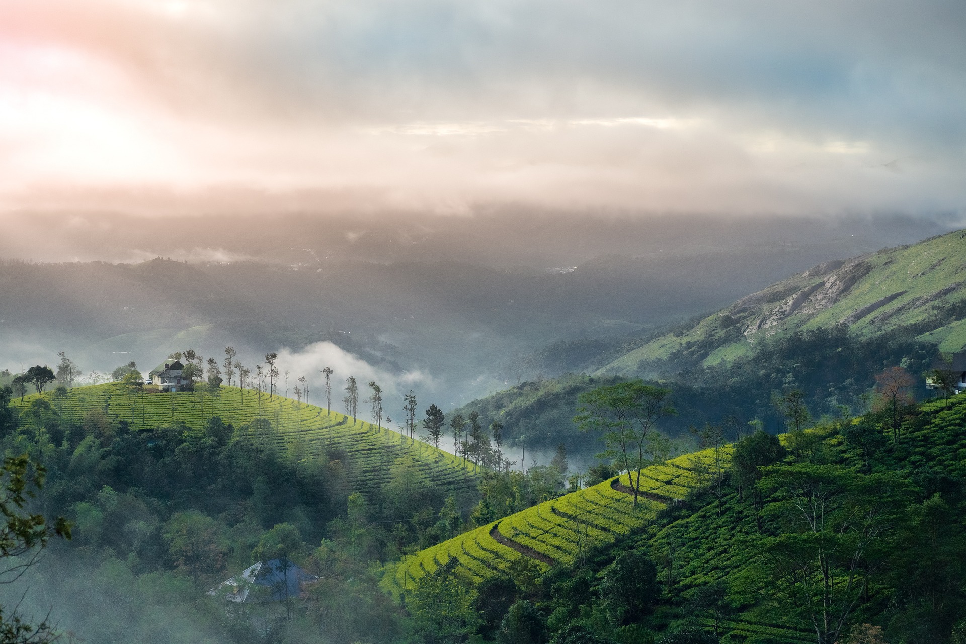 Stunning aerial view of Kerala's diverse landscapes, showcasing lush greenery, serene backwaters, and vibrant culture from above - Skybirdstravels.com