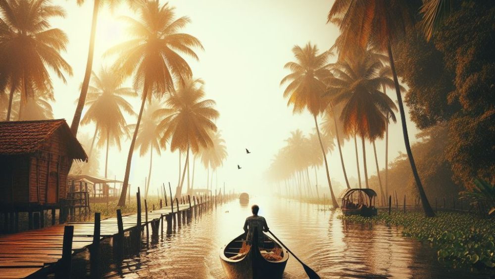 Backwaters of Kerala: Tranquil waterways winding through lush green landscapes, offering a serene journey - Skybirdstravels.com